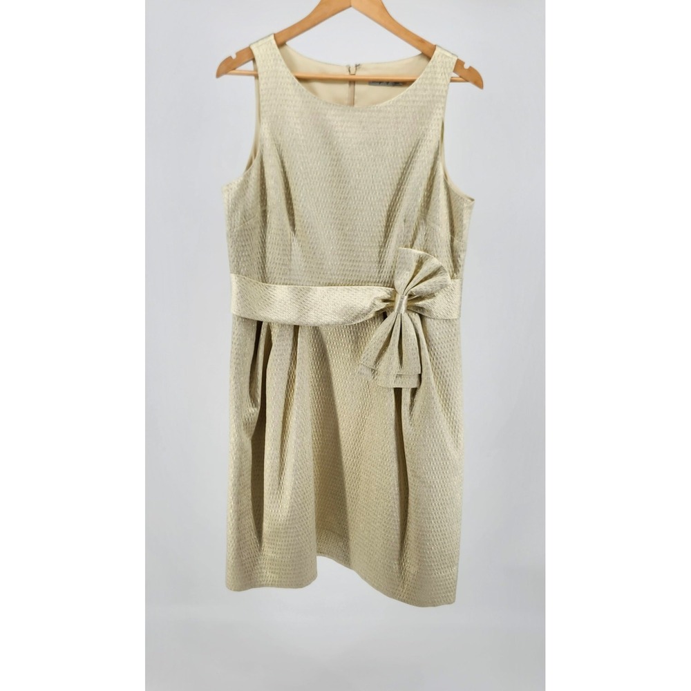 Eliza J Womens Gold Metallic Jacquard Bow Cocktail Dress Sleeveless 14 Pockets